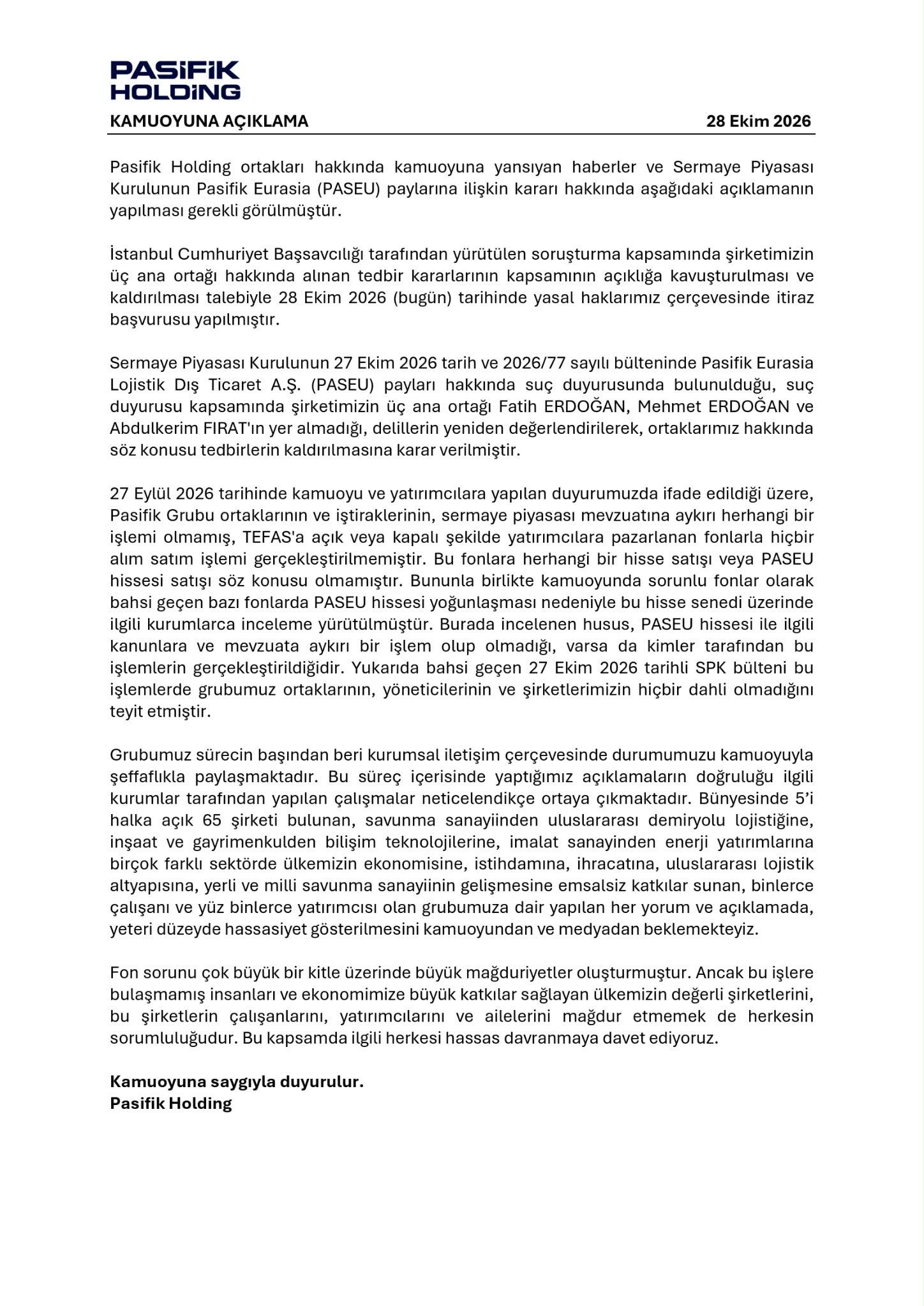 Pasifik Holding Açıklama 28.10.2026